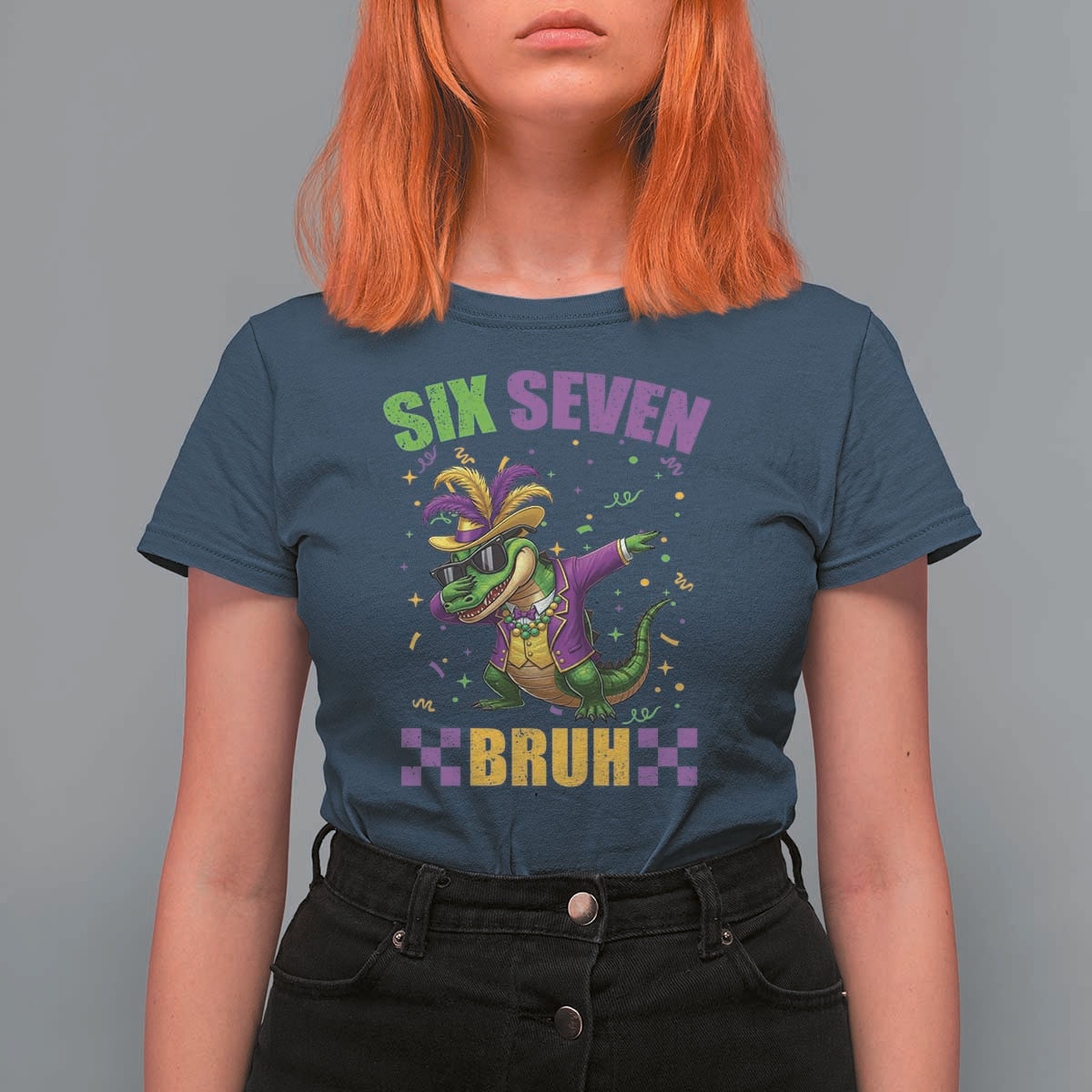 Funny 67 Mardi Gras Alligator T Shirt For Women Six Seven Bruh Mardigator Dabbing Crocodile