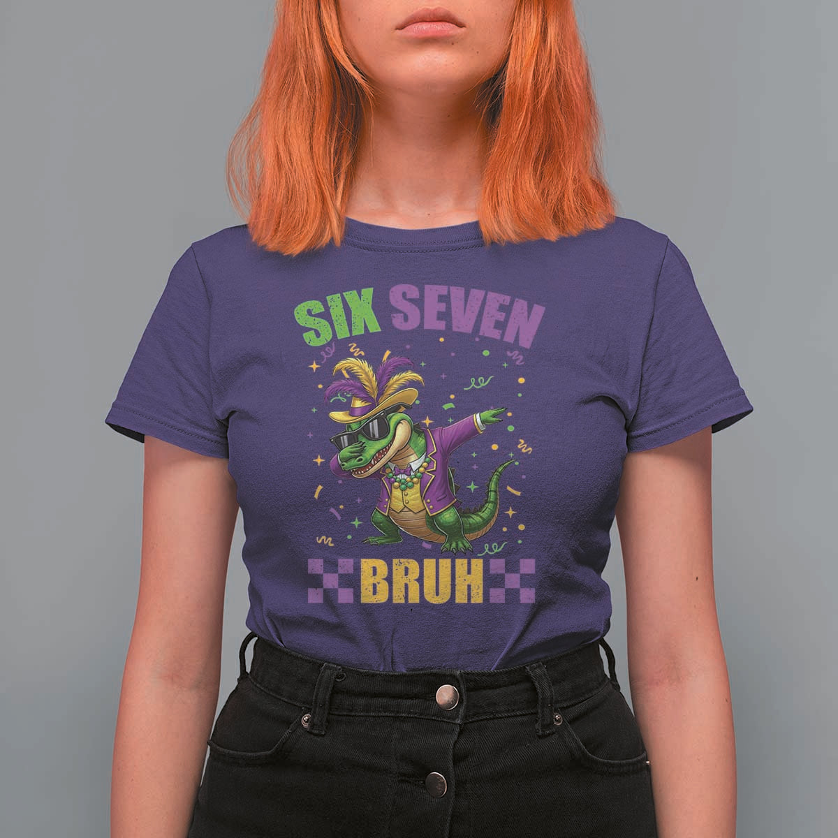 Funny 67 Mardi Gras Alligator T Shirt For Women Six Seven Bruh Mardigator Dabbing Crocodile