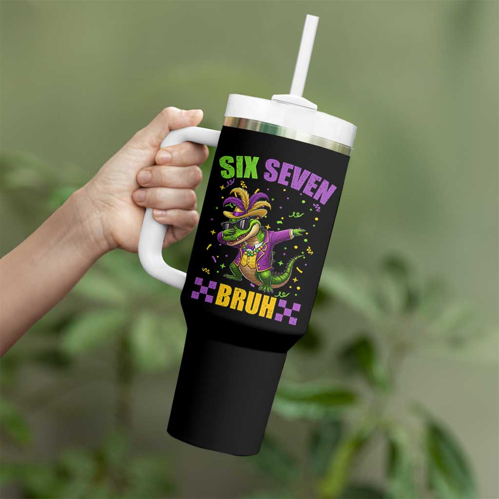 Funny 67 Mardi Gras Alligator Tumbler With Handle Six Seven Bruh Mardigator Dabbing Crocodile