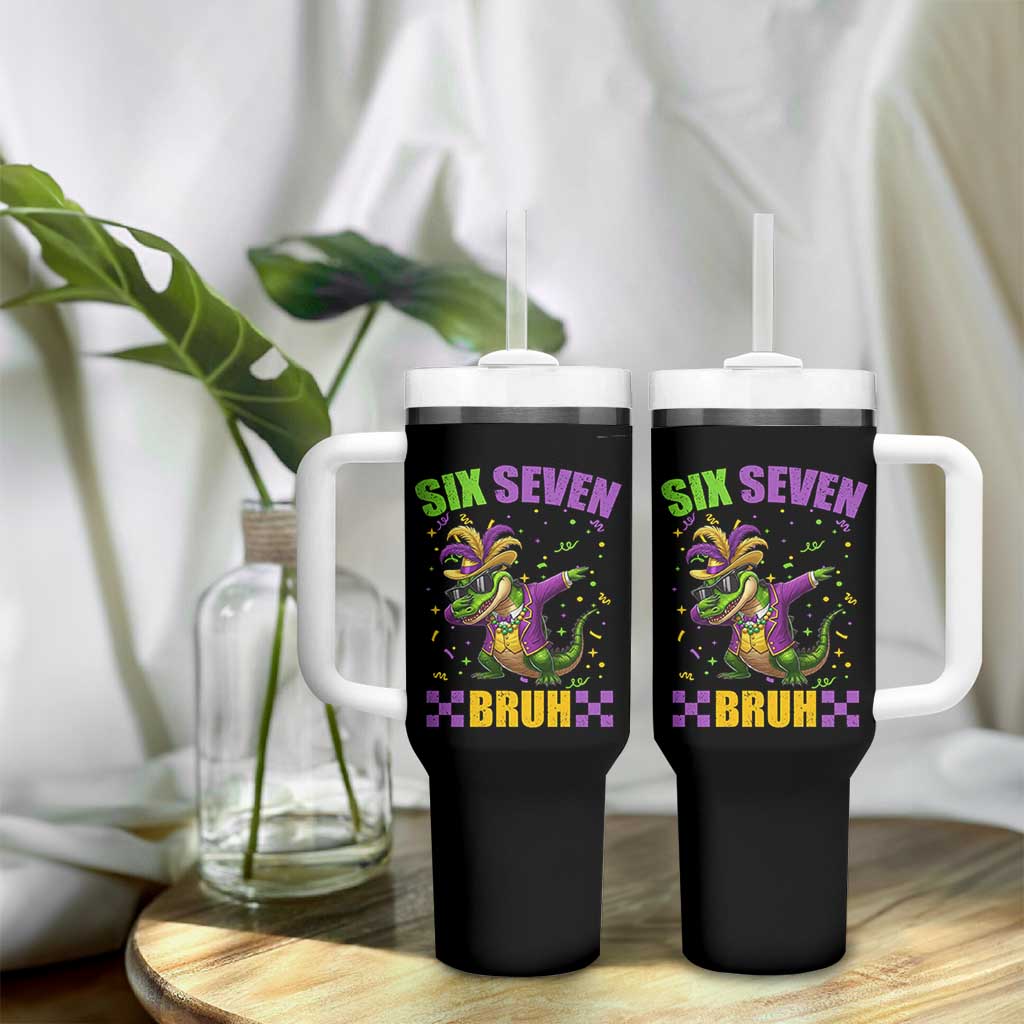 Funny 67 Mardi Gras Alligator Tumbler With Handle Six Seven Bruh Mardigator Dabbing Crocodile