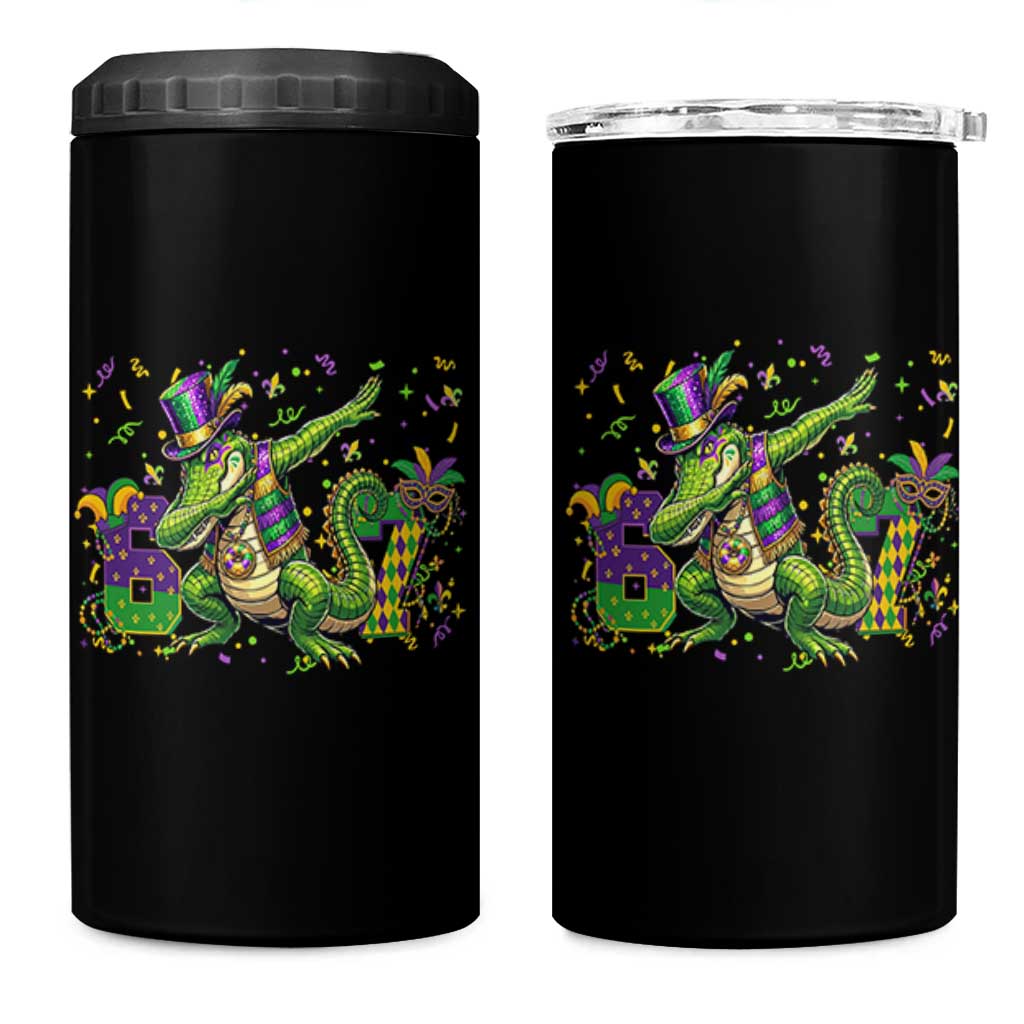 Funny Dabbing Alligator 67 Mardi Gras Six Seven Meme 4 in 1 Can Cooler Tumbler