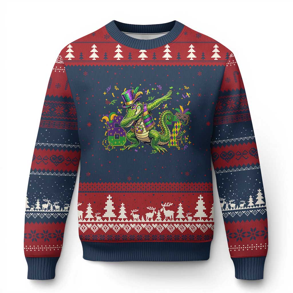 Funny Dabbing Alligator 67 Mardi Gras Six Seven Meme Ugly Christmas Sweater