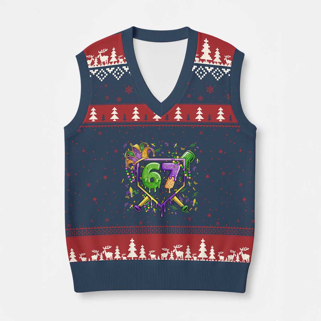Funny Baseball Mardi Gras 67 Ice Cream Drip V-Neck Knit Sweater Vest Six Seven Meme Carnival