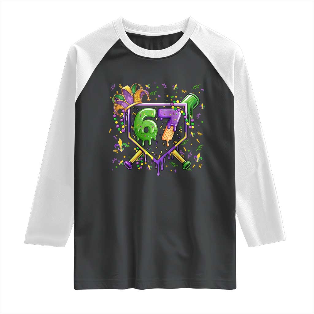 Funny Baseball Mardi Gras 67 Ice Cream Drip Raglan Shirt Six Seven Meme Carnival