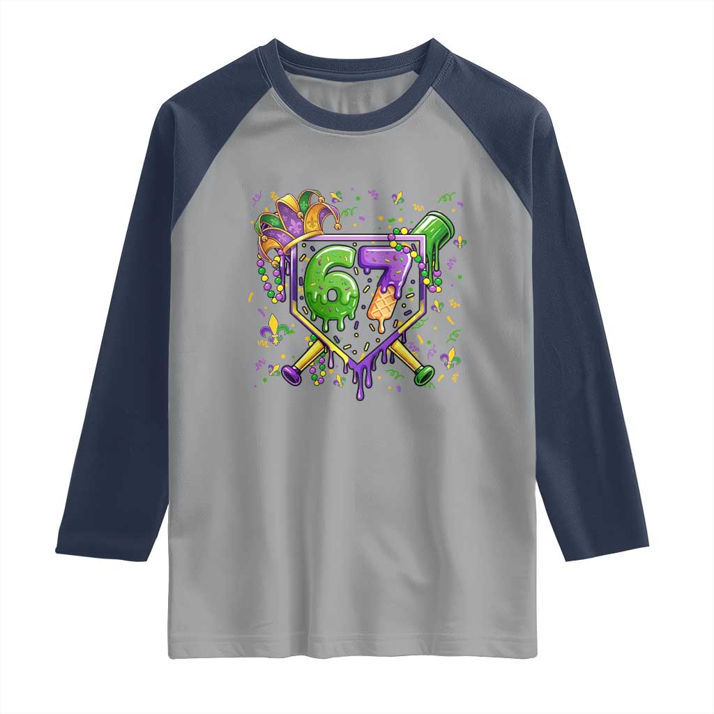 Funny Baseball Mardi Gras 67 Ice Cream Drip Raglan Shirt Six Seven Meme Carnival
