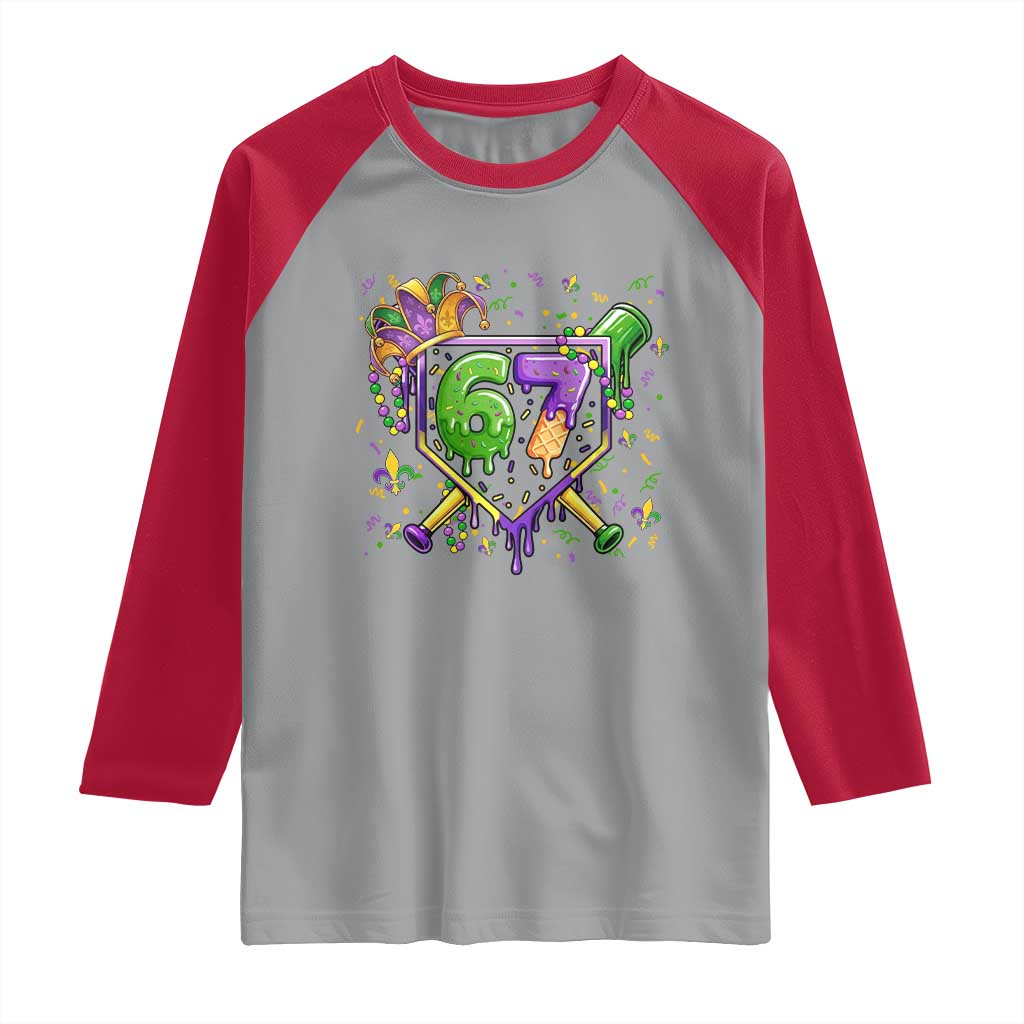 Funny Baseball Mardi Gras 67 Ice Cream Drip Raglan Shirt Six Seven Meme Carnival