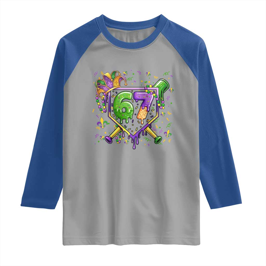 Funny Baseball Mardi Gras 67 Ice Cream Drip Raglan Shirt Six Seven Meme Carnival