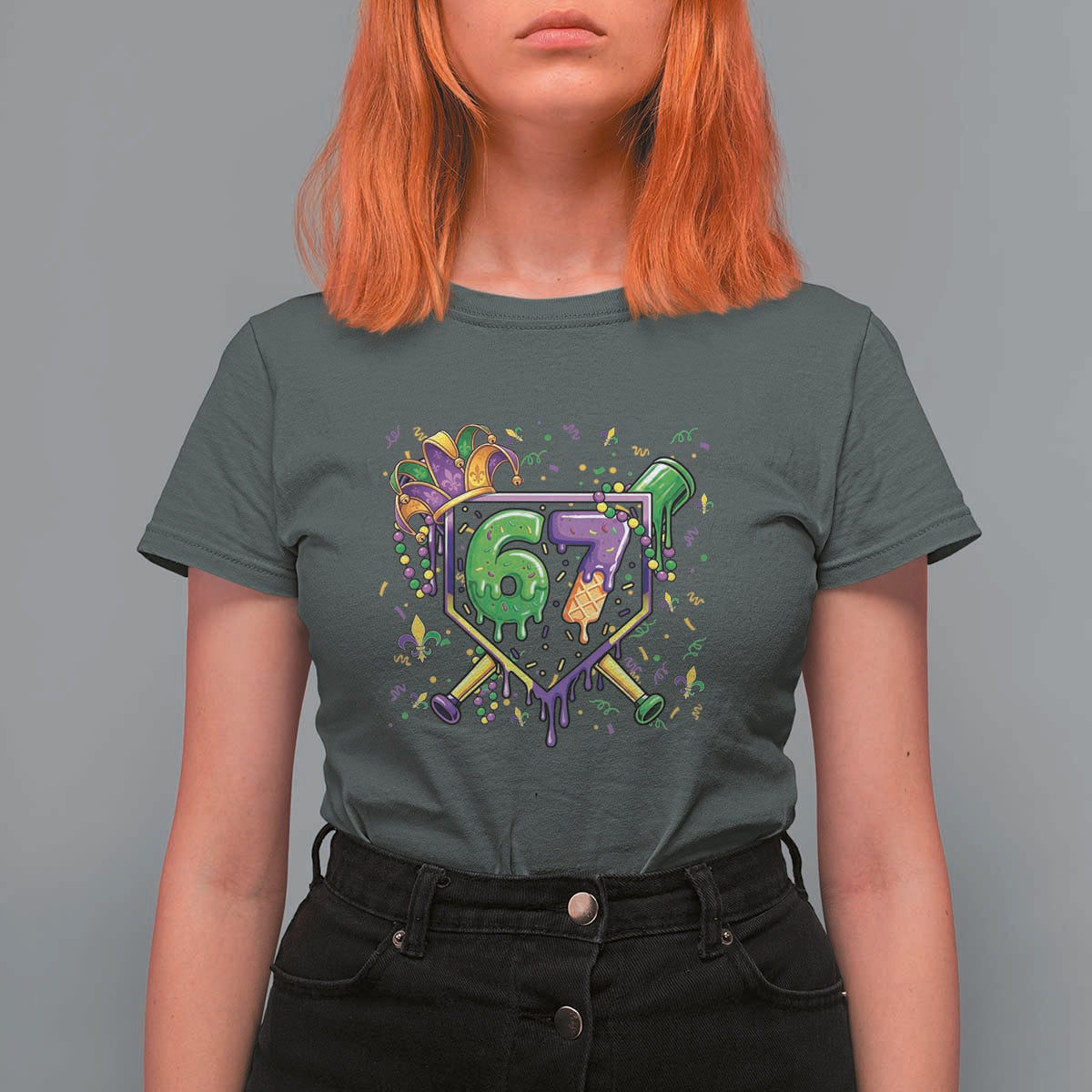 Funny Baseball Mardi Gras 67 Ice Cream Drip T Shirt For Women Six Seven Meme Carnival