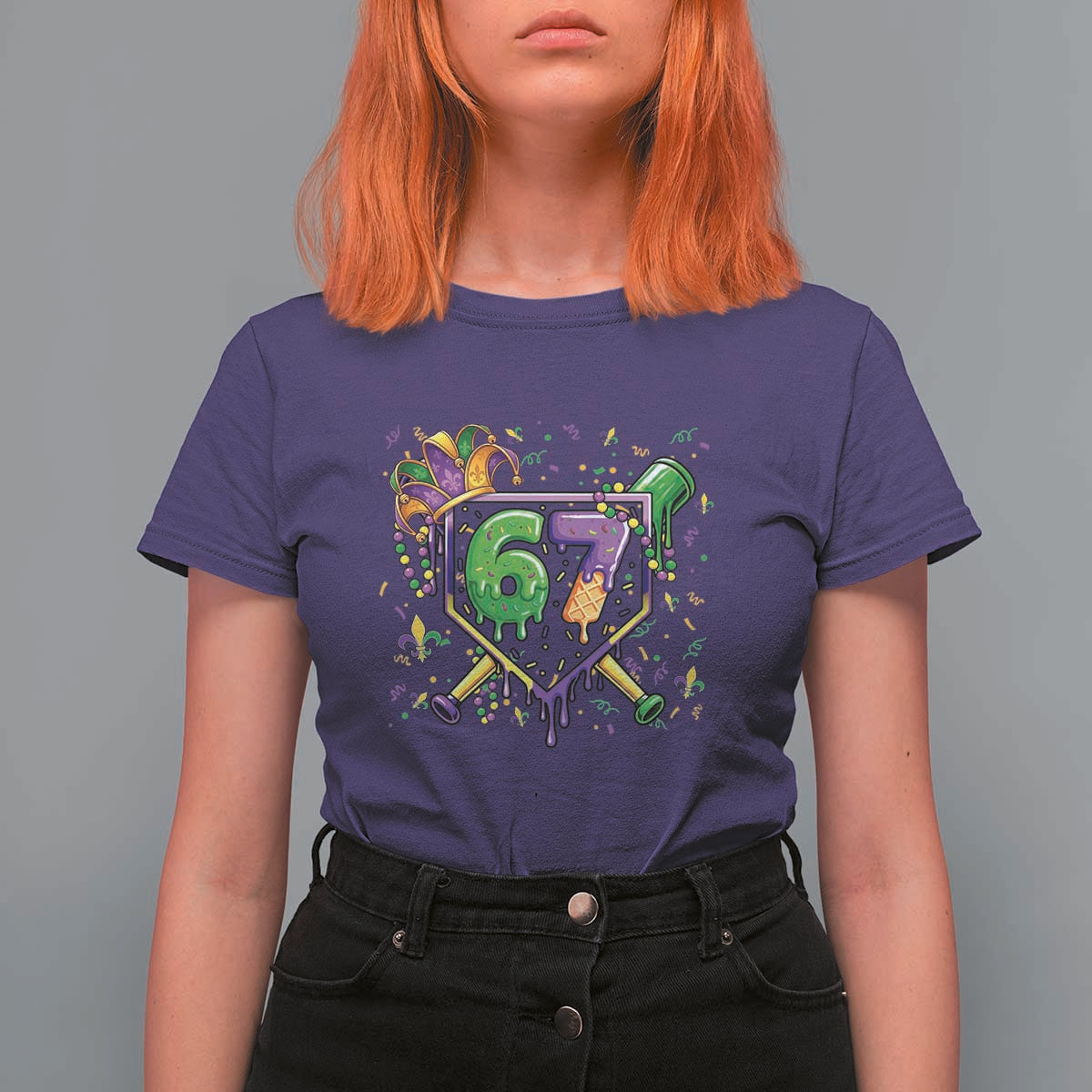 Funny Baseball Mardi Gras 67 Ice Cream Drip T Shirt For Women Six Seven Meme Carnival
