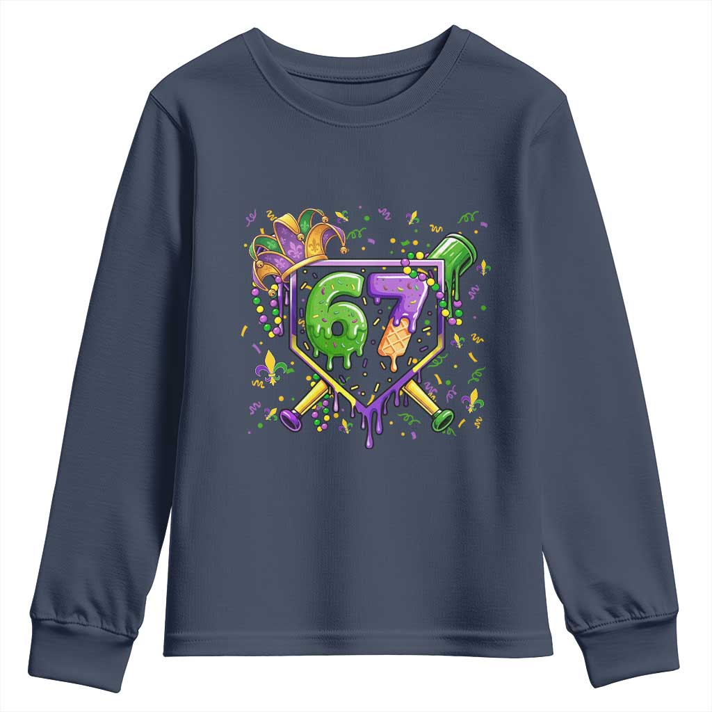 Funny Baseball Mardi Gras 67 Ice Cream Drip Youth Sweatshirt Six Seven Meme Carnival
