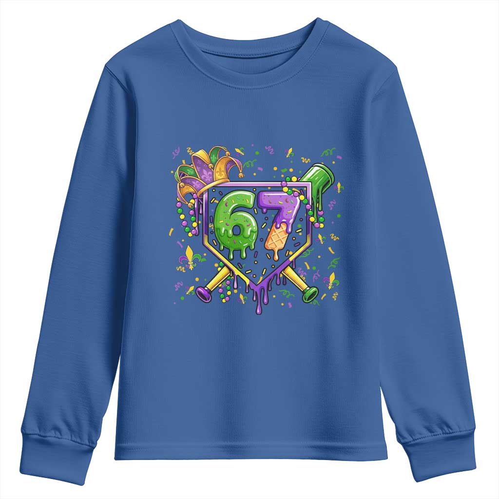 Funny Baseball Mardi Gras 67 Ice Cream Drip Youth Sweatshirt Six Seven Meme Carnival