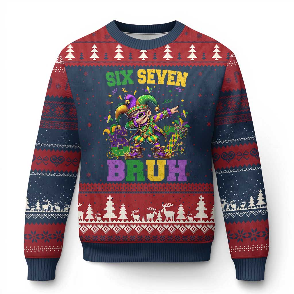 Funny 67 Mardi Gras Ugly Christmas Sweater Six Seven Bruh Dabbing Jester