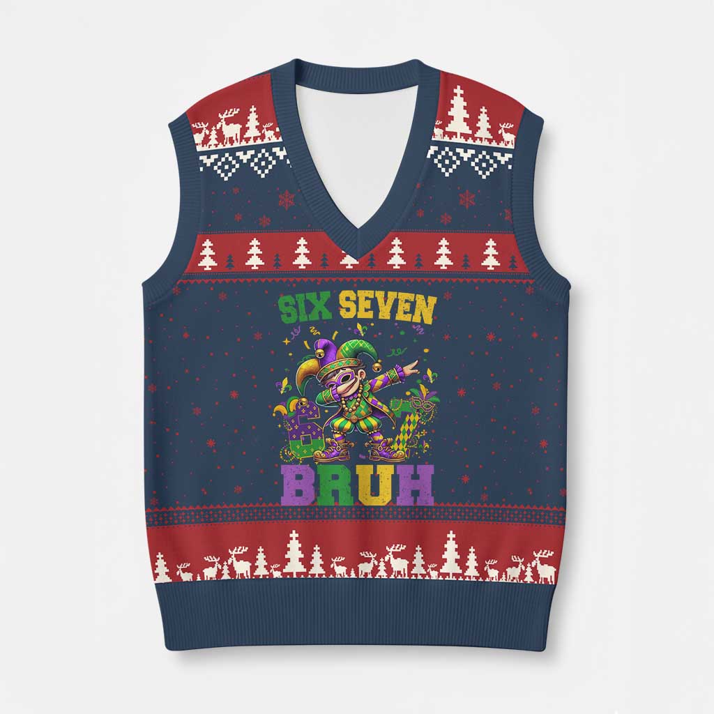 Funny 67 Mardi Gras V-Neck Knit Sweater Vest Six Seven Bruh Dabbing Jester