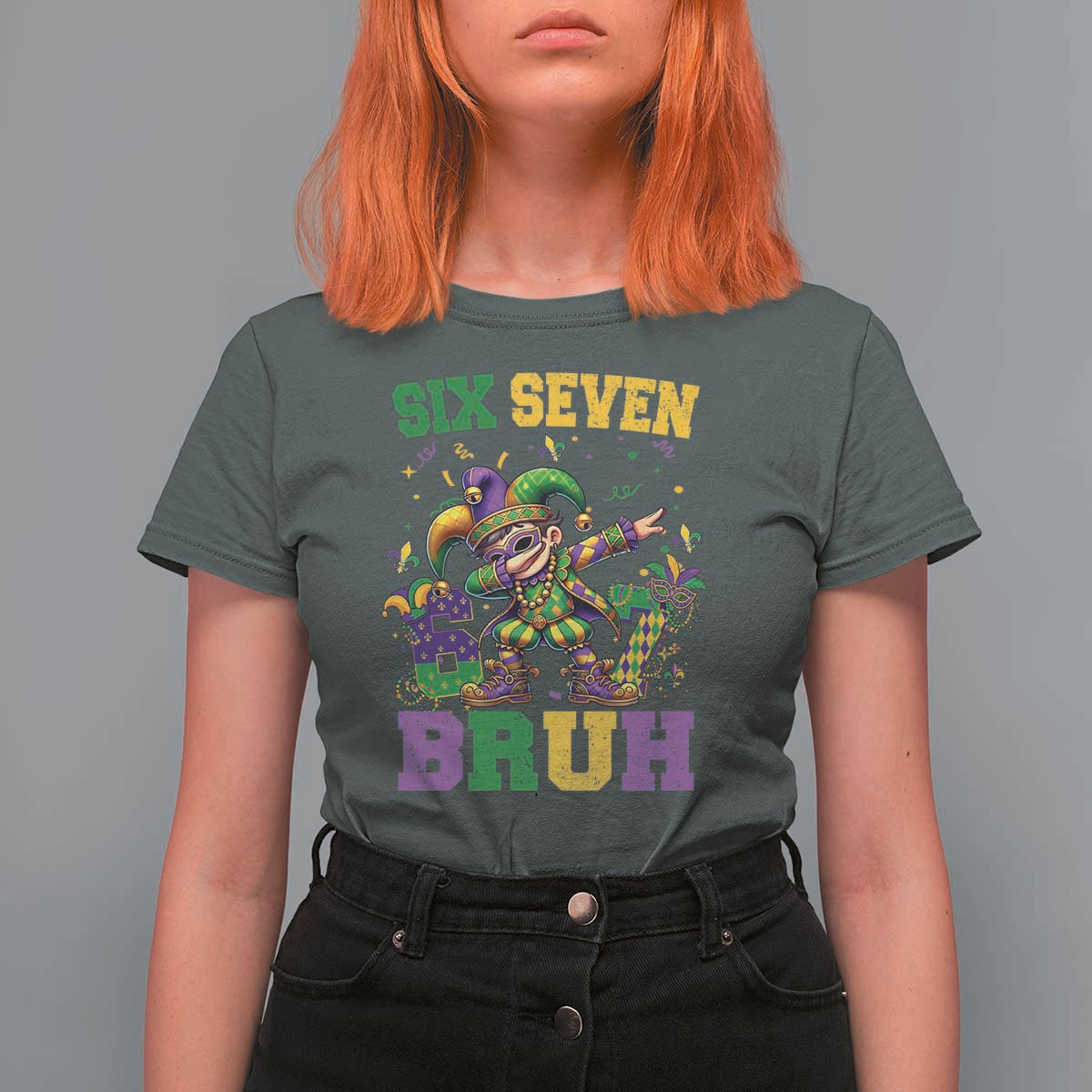 Funny 67 Mardi Gras T Shirt For Women Six Seven Bruh Dabbing Jester