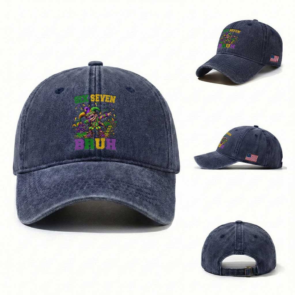 Funny 67 Mardi Gras Washed Cotton Baseball Cap Six Seven Bruh Dabbing Jester