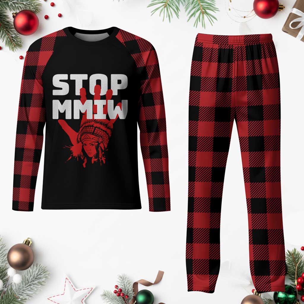 Indigenous Women Awareness Plaid Pajama Set Stop MMIW Red Handprint Graphic