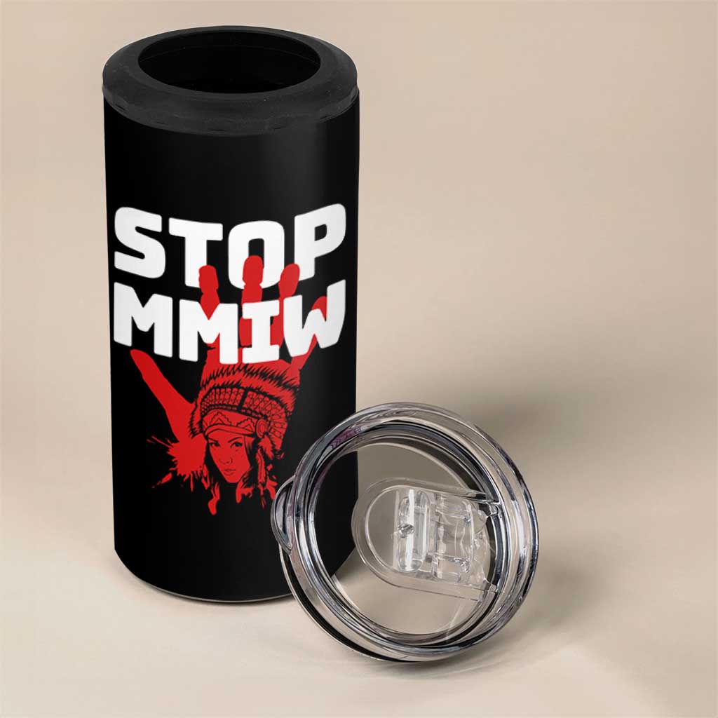 Indigenous Women Awareness 4 in 1 Can Cooler Tumbler Stop MMIW Red Handprint Graphic