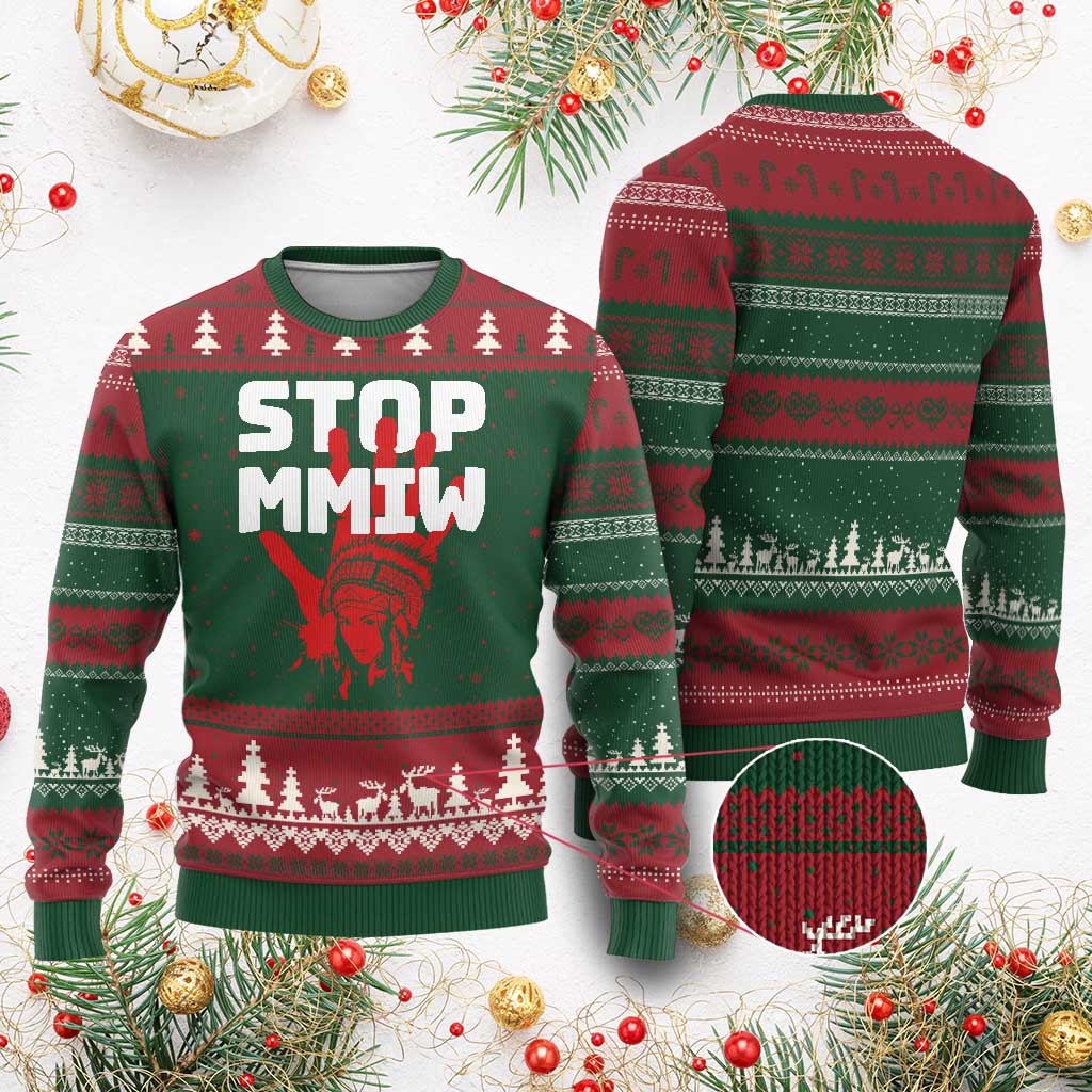 Indigenous Women Awareness Ugly Christmas Sweater Stop MMIW Red Handprint Graphic