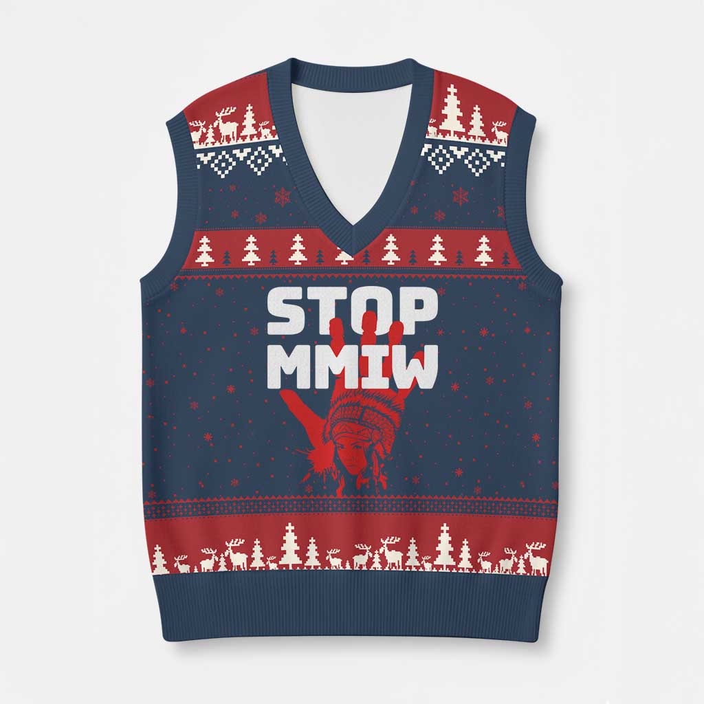 Indigenous Women Awareness V-Neck Knit Sweater Vest Stop MMIW Red Handprint Graphic