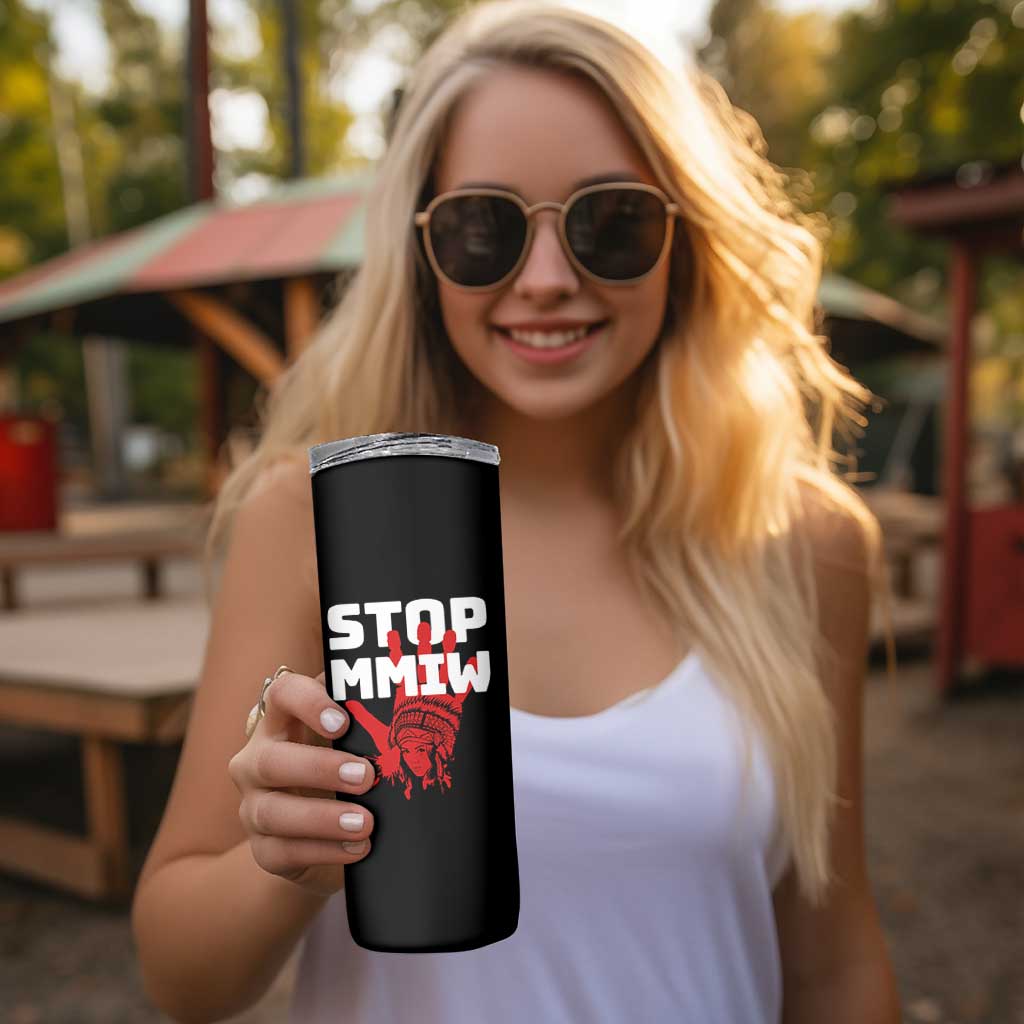 Indigenous Women Awareness Skinny Tumbler Stop MMIW Red Handprint Graphic