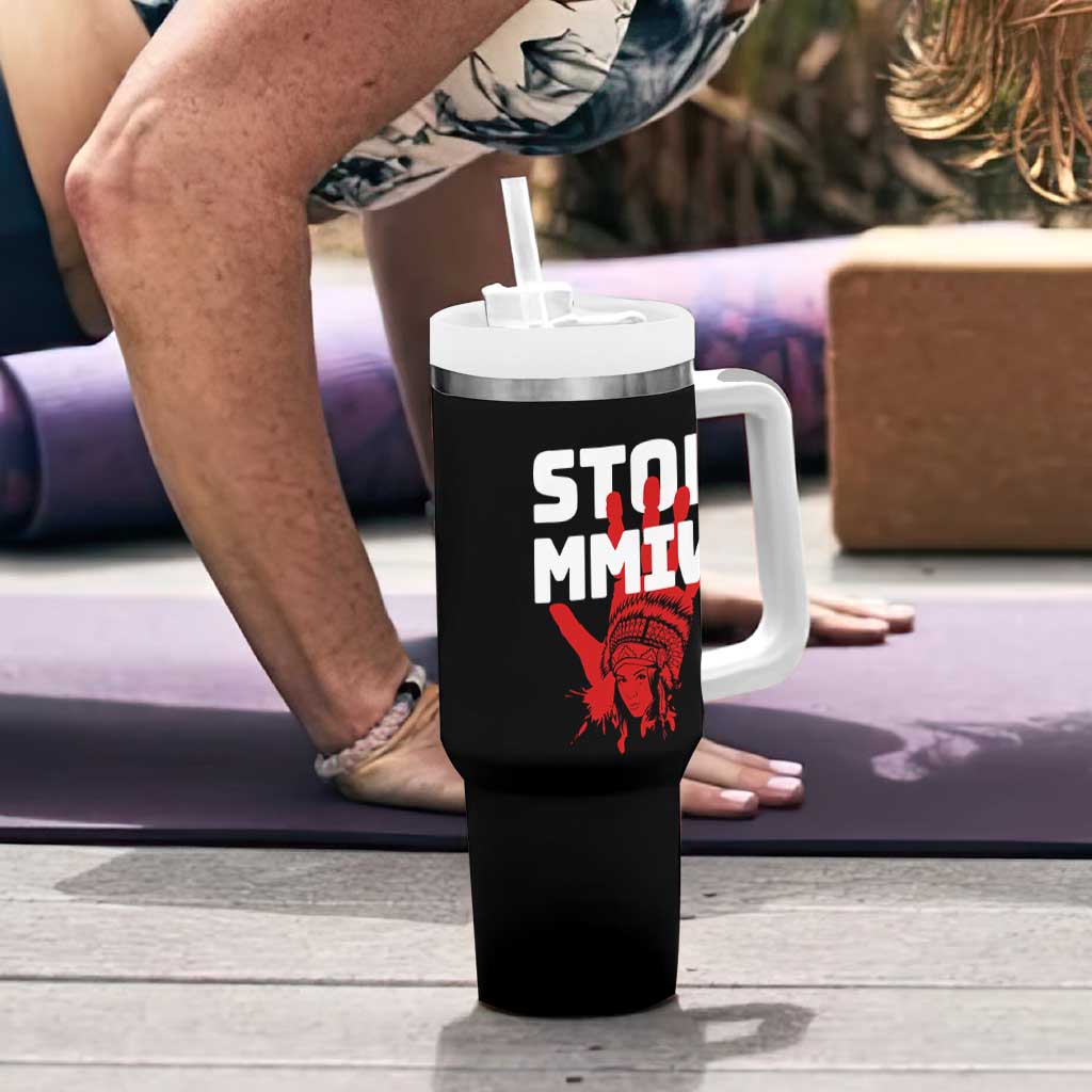 Indigenous Women Awareness Tumbler With Handle Stop MMIW Red Handprint Graphic