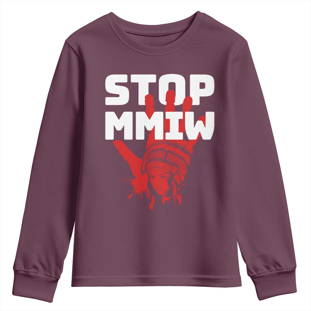 Indigenous Women Awareness Youth Sweatshirt Stop MMIW Red Handprint Graphic