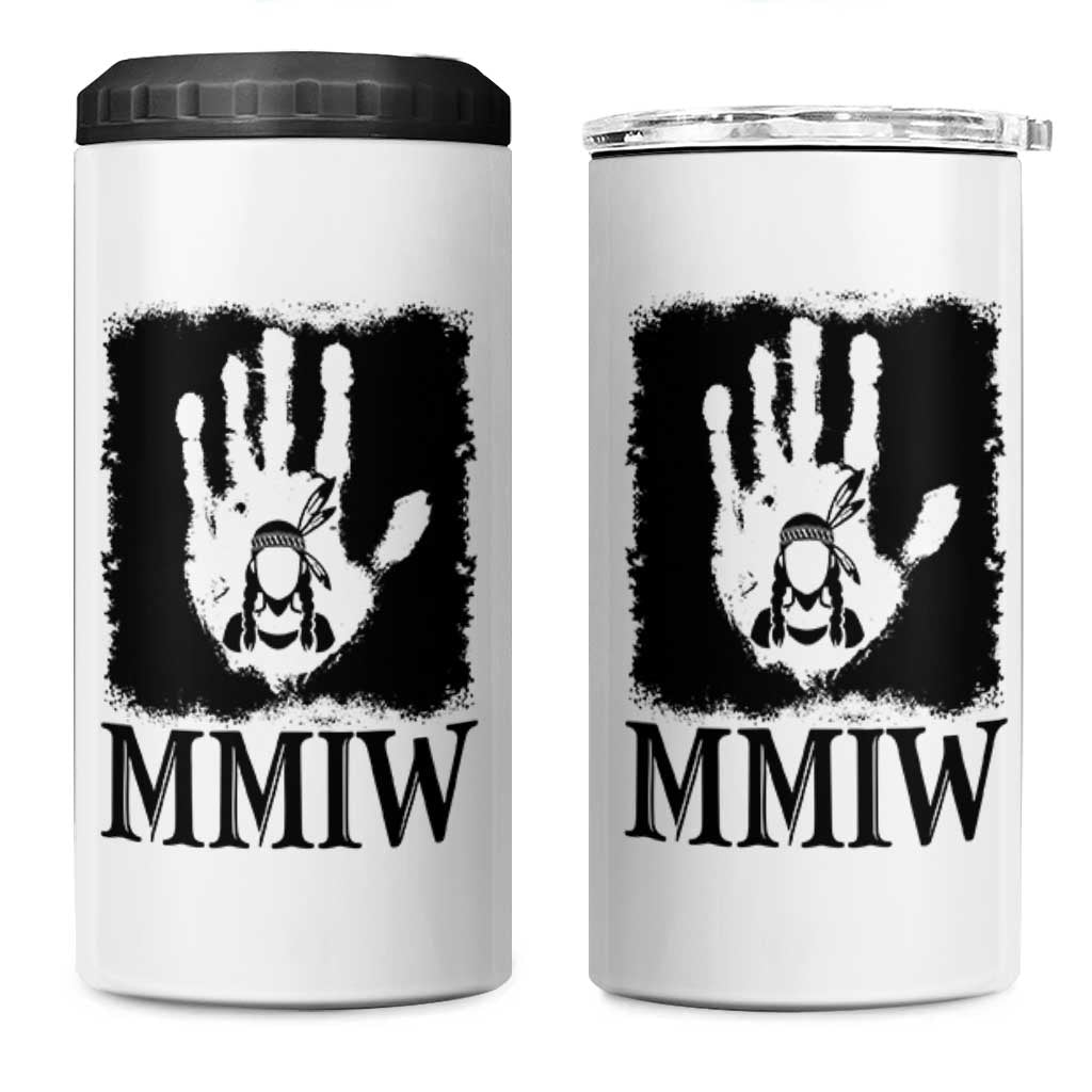 Stop MMIW 4 in 1 Can Cooler Tumbler Voices For Stolen Sisters Red Handprint Graphic