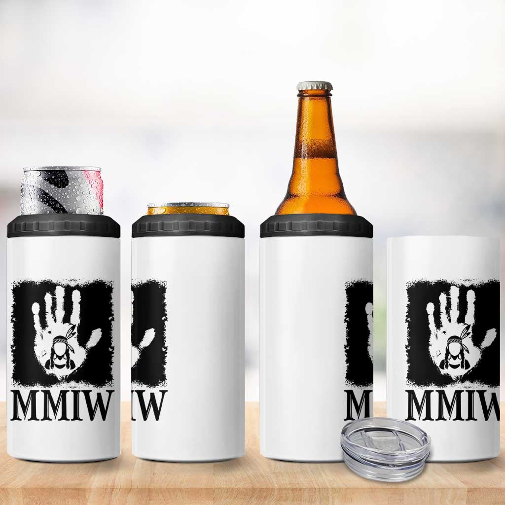 Stop MMIW 4 in 1 Can Cooler Tumbler Voices For Stolen Sisters Red Handprint Graphic