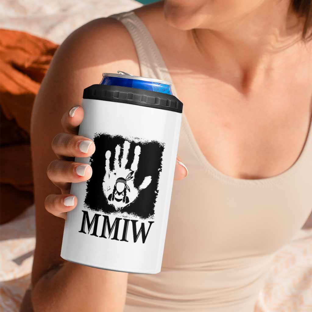 Stop MMIW 4 in 1 Can Cooler Tumbler Voices For Stolen Sisters Red Handprint Graphic