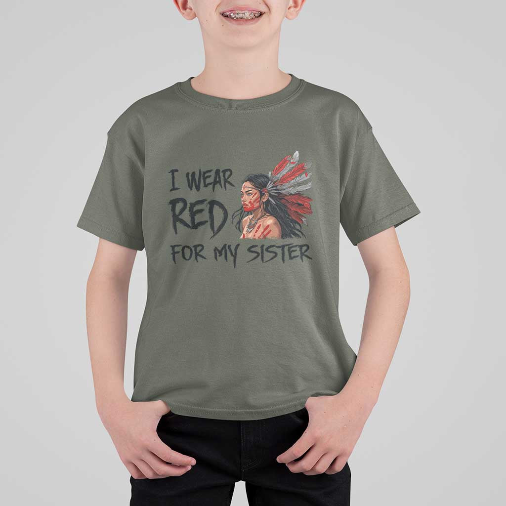 MMIW Awareness Month Indigenous Support Gift T Shirt For Kid I Wear Red For My Sister