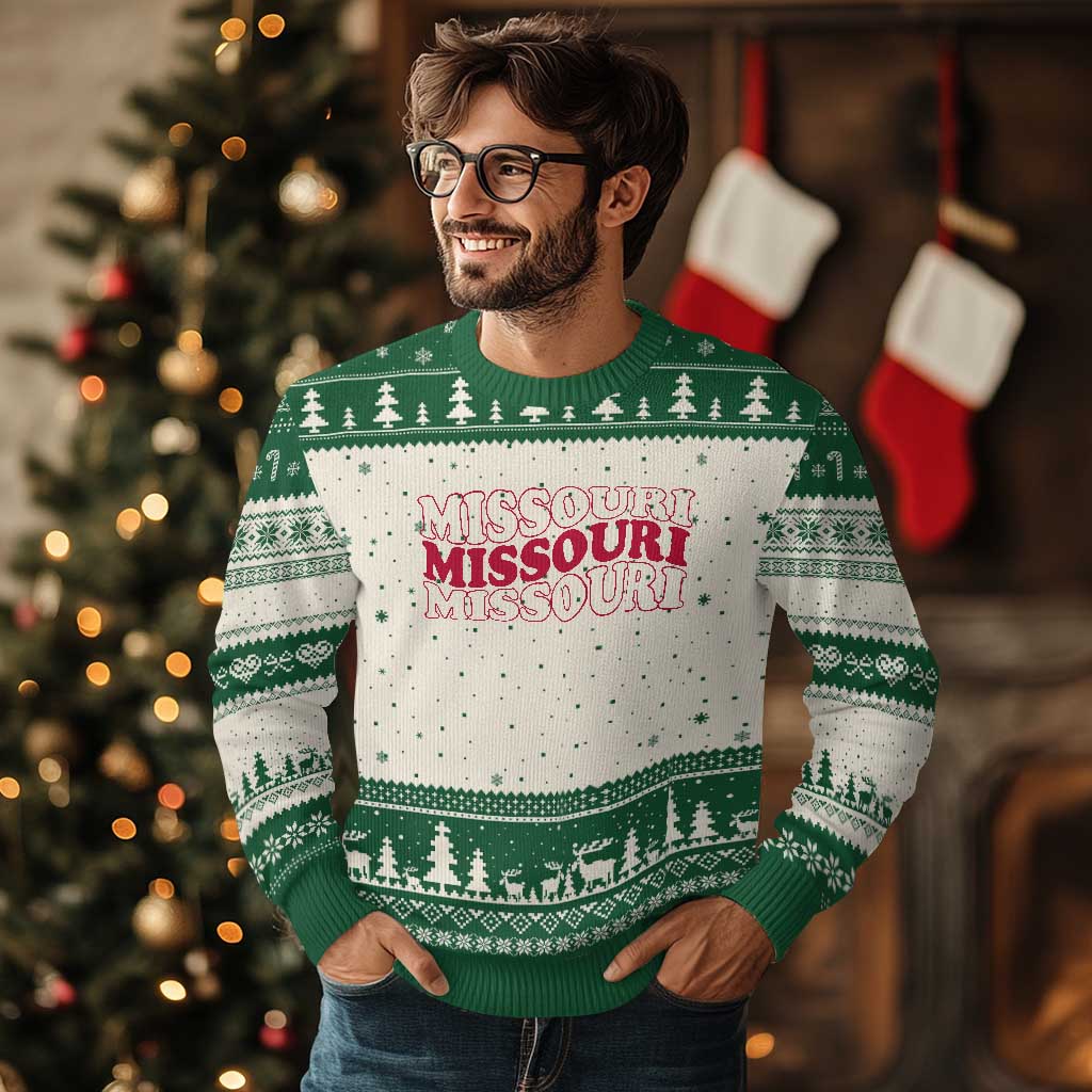 Retro Missouri State Pride Ugly Christmas Sweater Groovy Wavy Typography