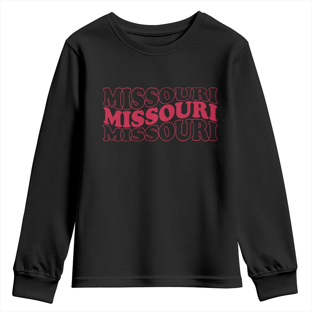 Retro Missouri State Pride Youth Sweatshirt Groovy Wavy Typography