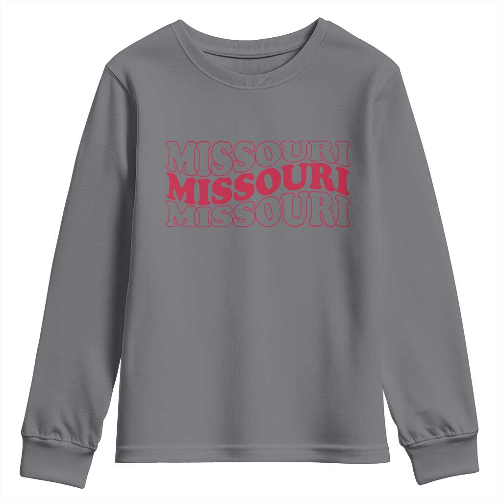 Retro Missouri State Pride Youth Sweatshirt Groovy Wavy Typography