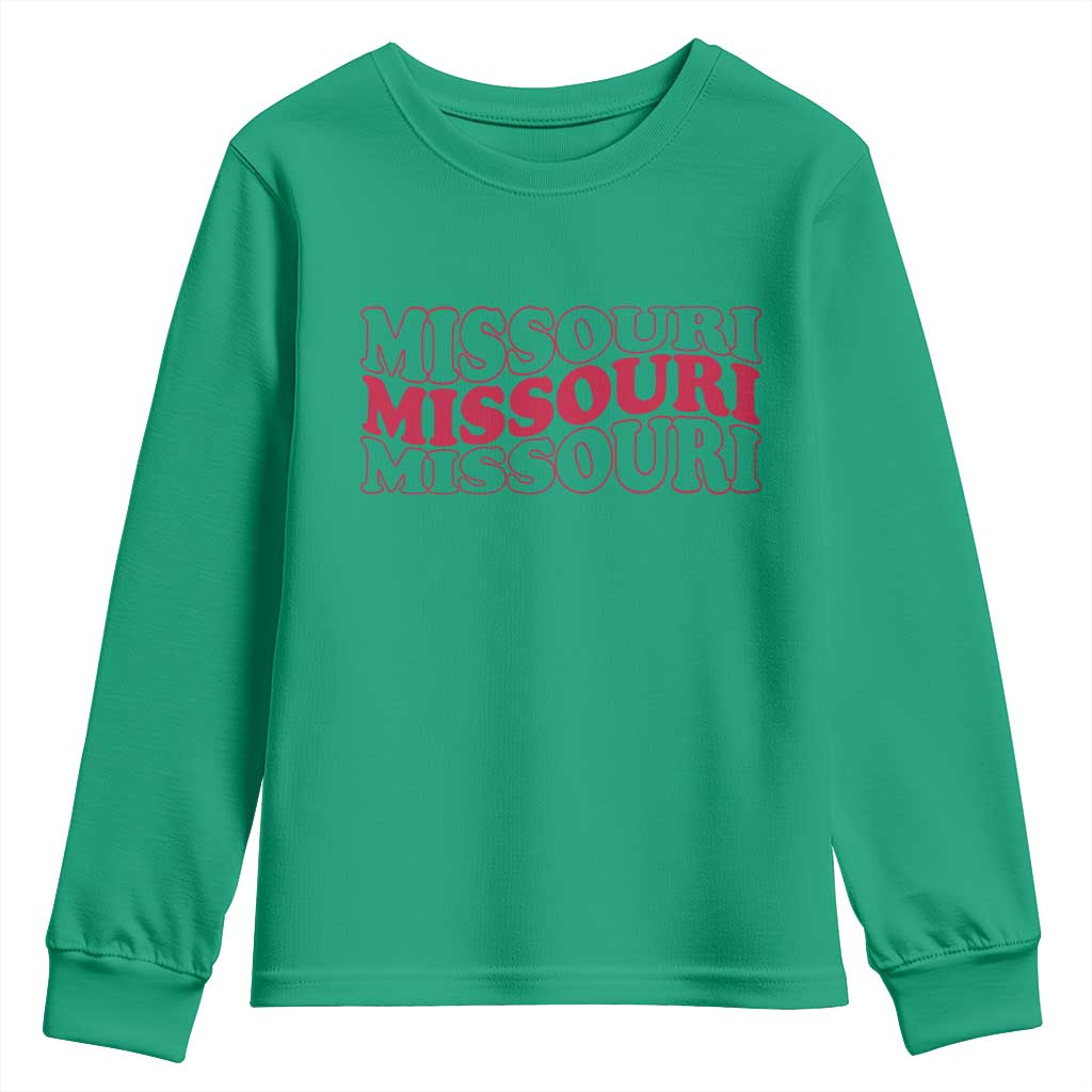 Retro Missouri State Pride Youth Sweatshirt Groovy Wavy Typography