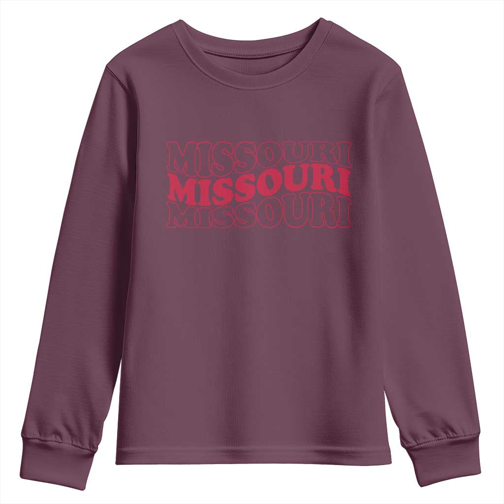 Retro Missouri State Pride Youth Sweatshirt Groovy Wavy Typography