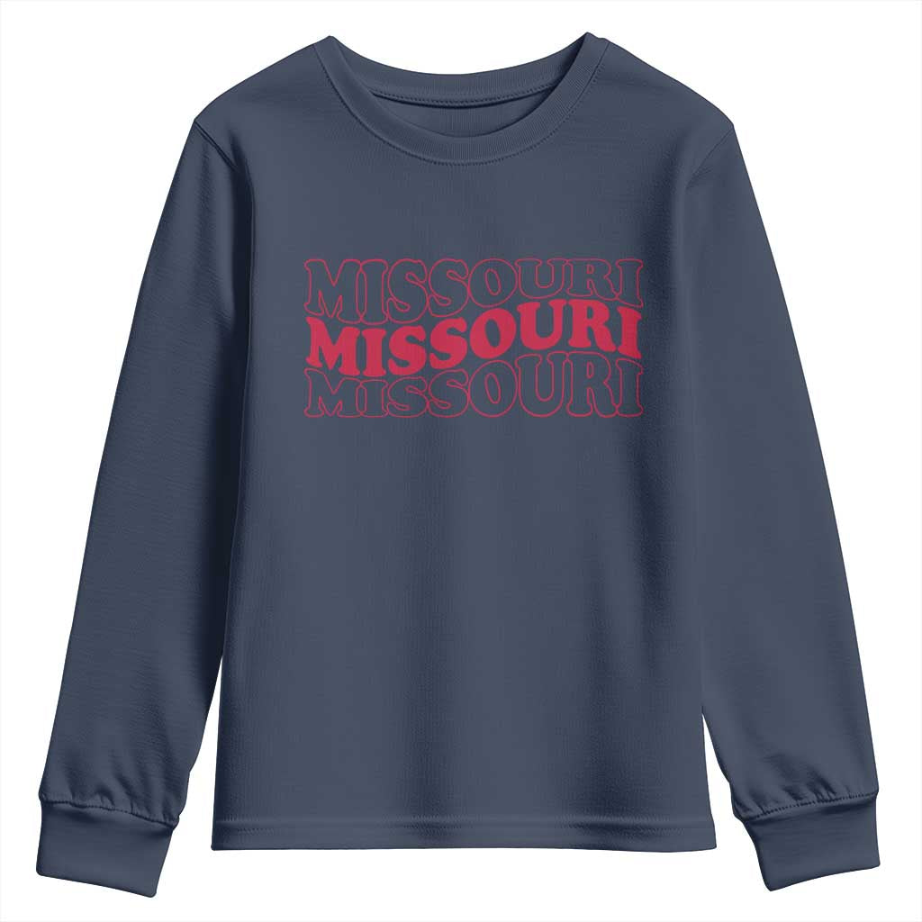 Retro Missouri State Pride Youth Sweatshirt Groovy Wavy Typography