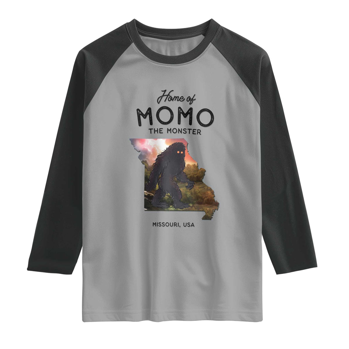 Momo The Monster Folklore Raglan Shirt Louisiana Missouri Cryptid Lover Gift