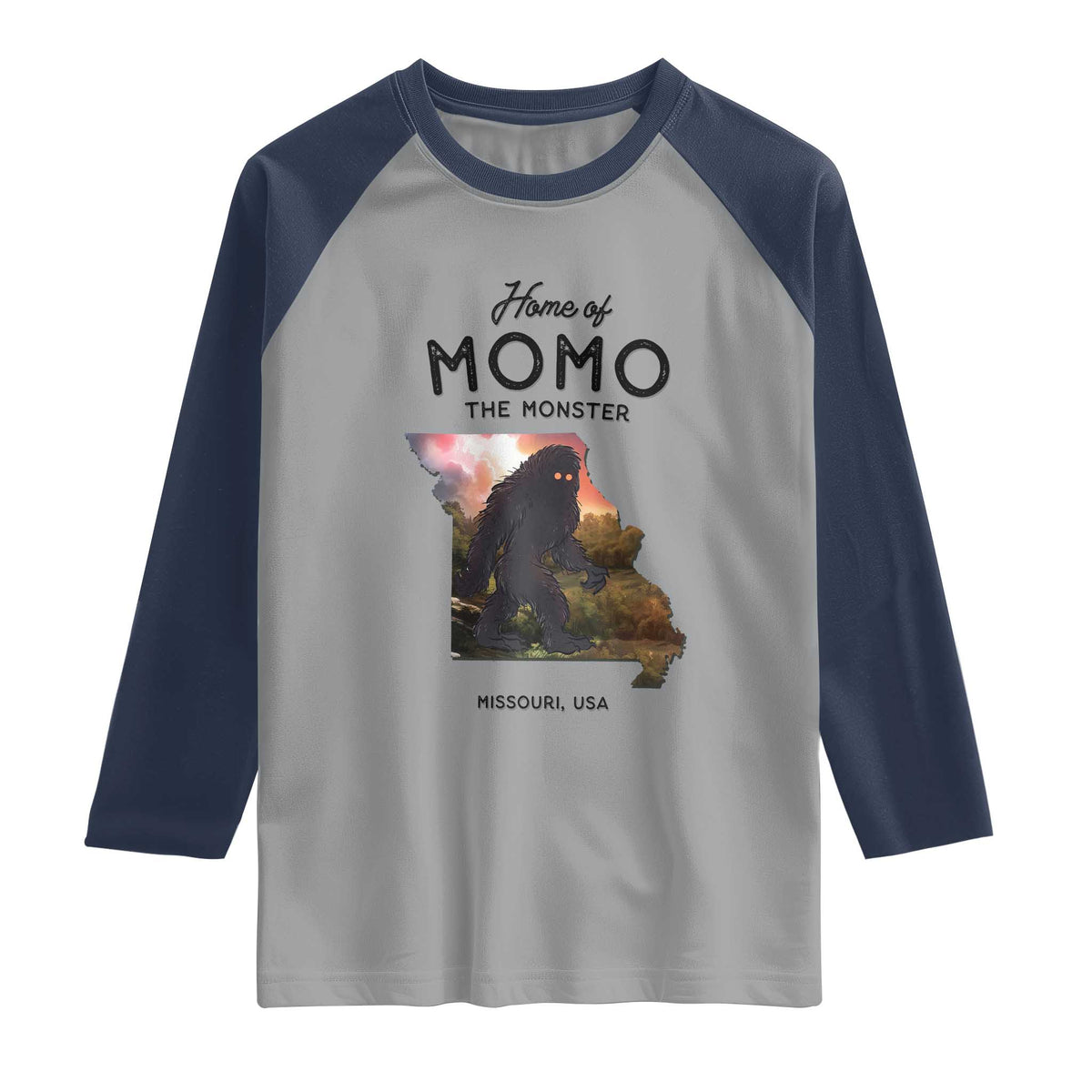 Momo The Monster Folklore Raglan Shirt Louisiana Missouri Cryptid Lover Gift