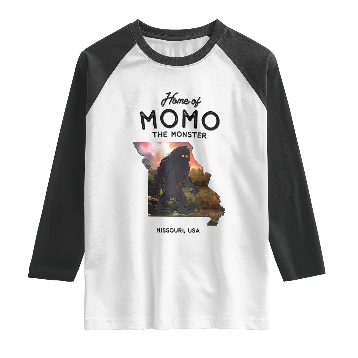 Momo The Monster Folklore Raglan Shirt Louisiana Missouri Cryptid Lover Gift