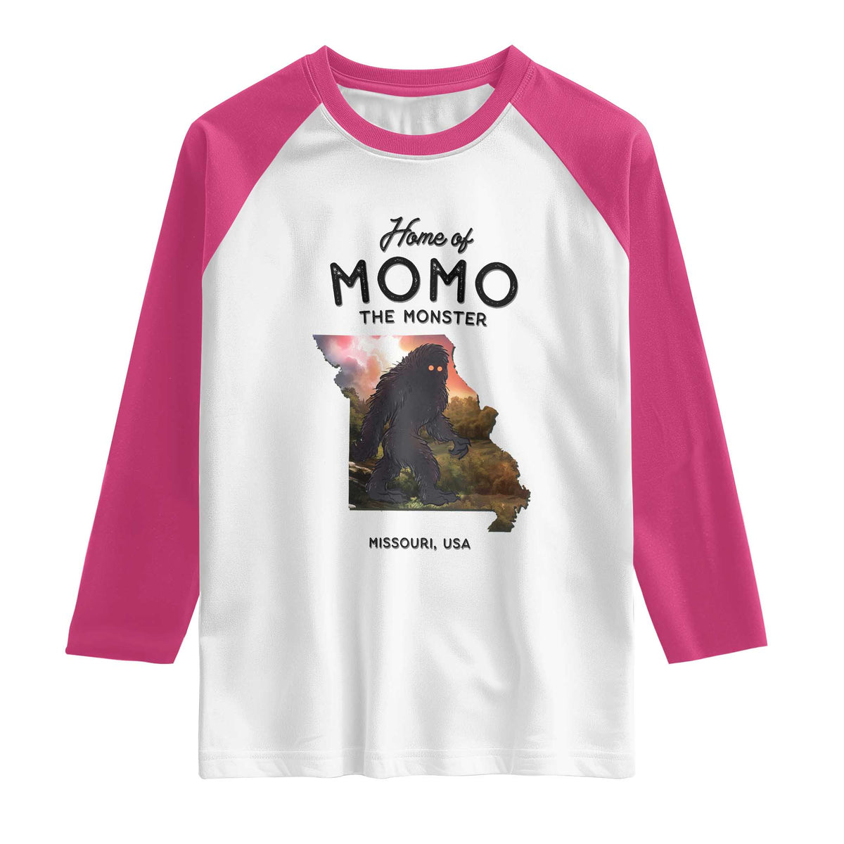 Momo The Monster Folklore Raglan Shirt Louisiana Missouri Cryptid Lover Gift