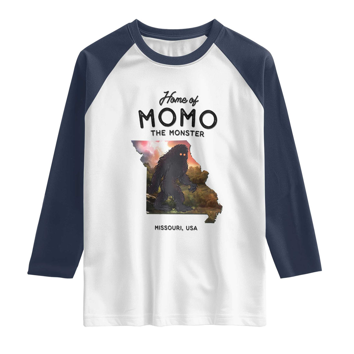 Momo The Monster Folklore Raglan Shirt Louisiana Missouri Cryptid Lover Gift