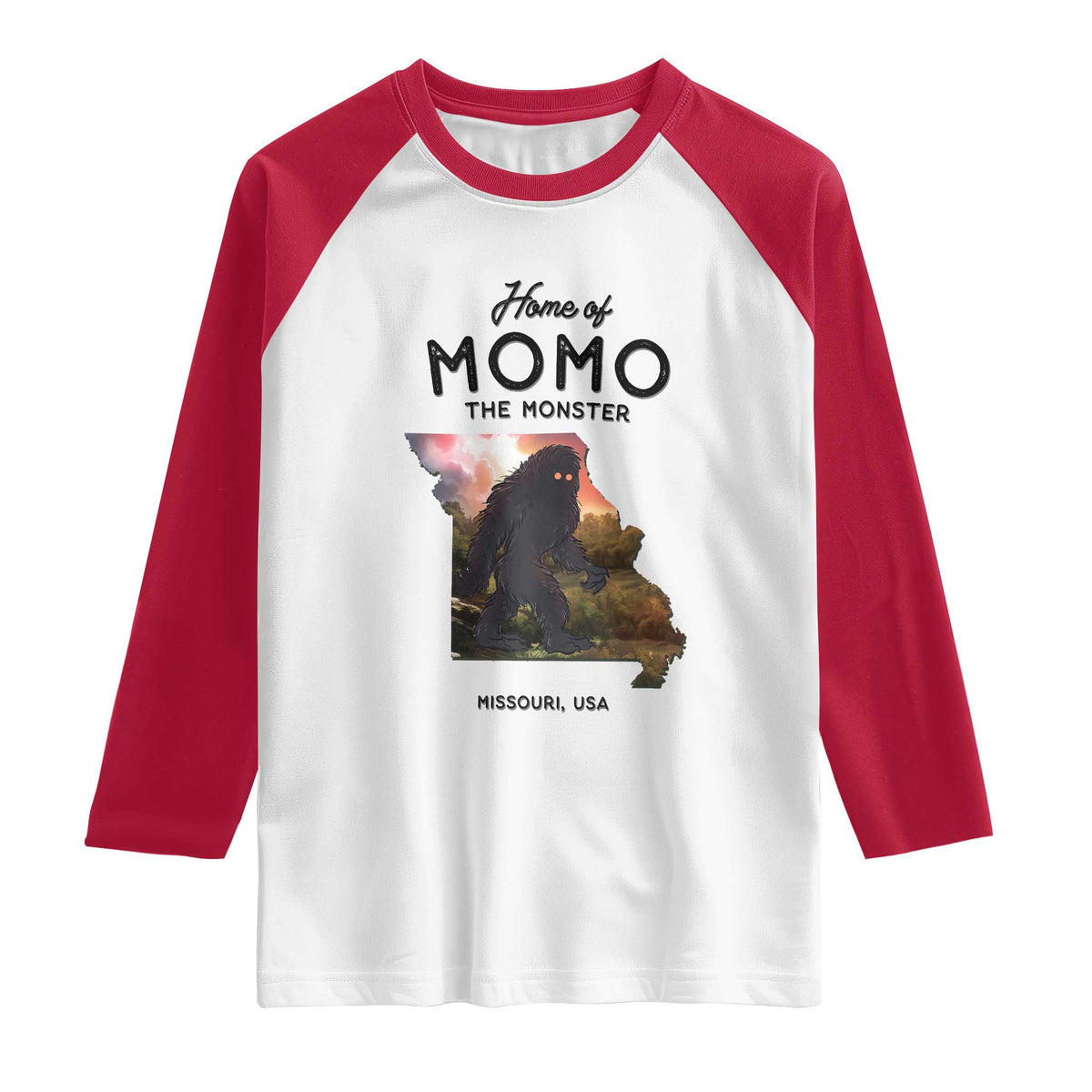 Momo The Monster Folklore Raglan Shirt Louisiana Missouri Cryptid Lover Gift