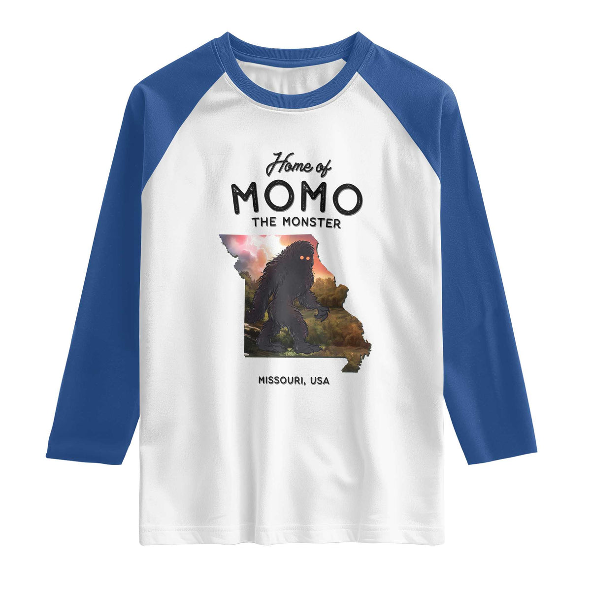 Momo The Monster Folklore Raglan Shirt Louisiana Missouri Cryptid Lover Gift