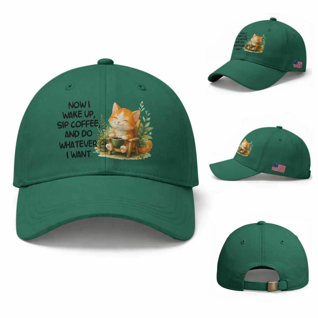 Cat Coffee Lover Baseball Cap Now I Wake Up Sip Coffee And Do Whatever I Want