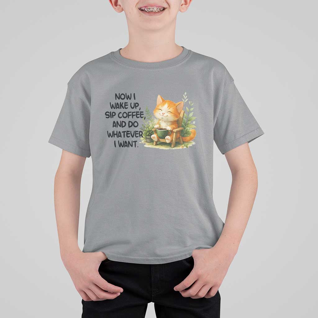 Cat Coffee Lover T Shirt For Kid Now I Wake Up Sip Coffee And Do Whatever I Want - Wonder Print Shop