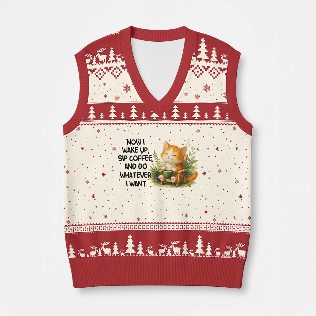 Cat Coffee Lover V-Neck Knit Sweater Vest Now I Wake Up Sip Coffee And Do Whatever I Want - Wonder Print Shop