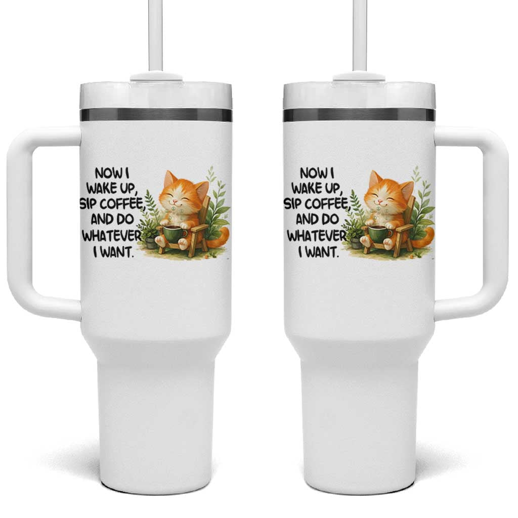 Cat Coffee Lover Tumbler With Handle Now I Wake Up Sip Coffee And Do Whatever I Want