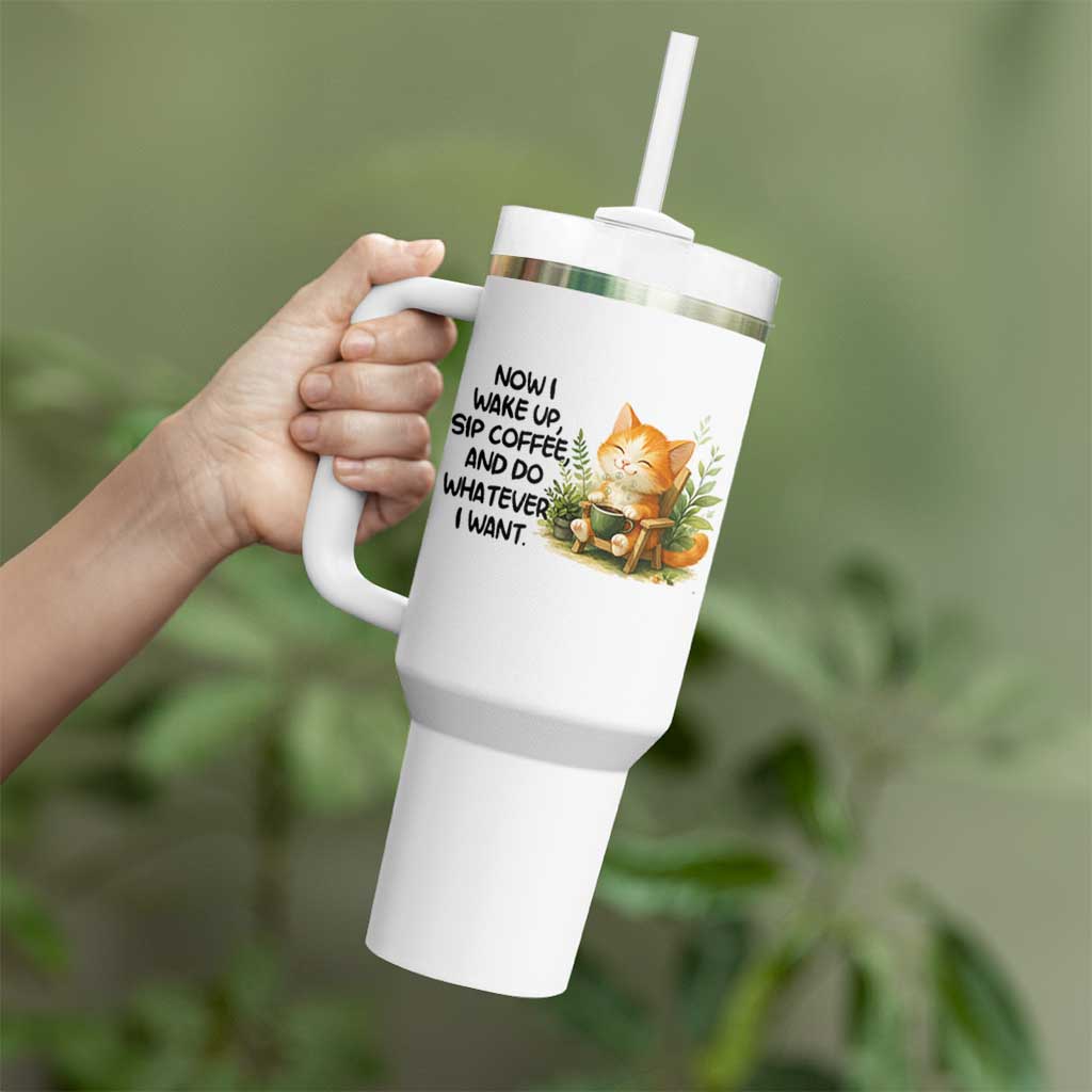 Cat Coffee Lover Tumbler With Handle Now I Wake Up Sip Coffee And Do Whatever I Want