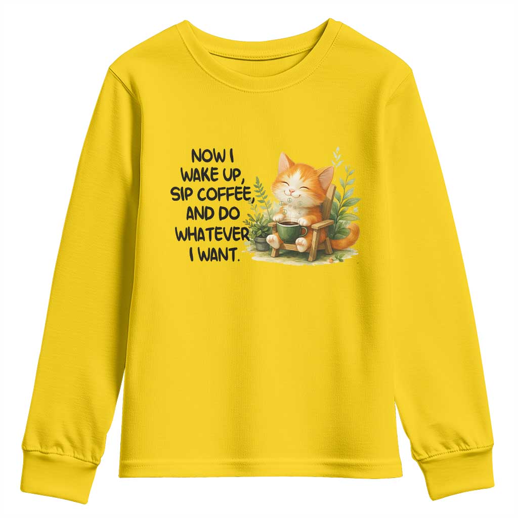 Cat Coffee Lover Youth Sweatshirt Now I Wake Up Sip Coffee And Do Whatever I Want - Wonder Print Shop