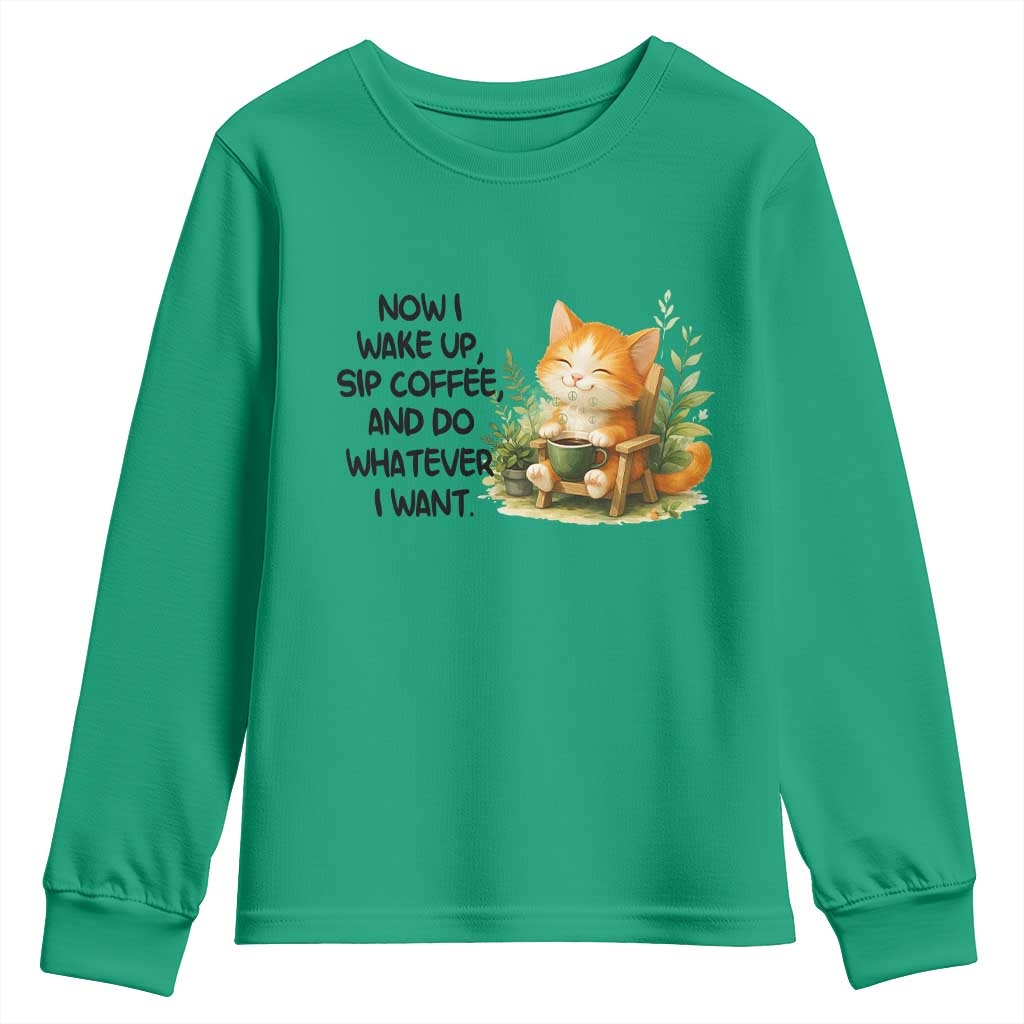 Cat Coffee Lover Youth Sweatshirt Now I Wake Up Sip Coffee And Do Whatever I Want - Wonder Print Shop